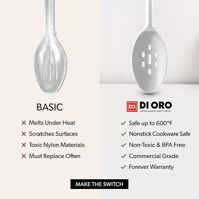 DI ORO Silicone Spoons for Cooking - Large Kitchen Utensils for Mixing, Serving, & Stirring - 600F Heat-Resistant Non Stick - Big Solid & Slotted Basting Spoons - Dishwasher Safe (2pc, Stone) - Image 7