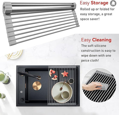 MERRYBOX Roll Up Dish Drying Rack, Silicone Wrapped Over The Sink Dish Rack Foldable Dish Drainer Anti-Slip Dish Racks for Kitchen Counter, Multipurpose Kitchen Sink Drying Rack, 18" x 13", Light Gray - Image 3