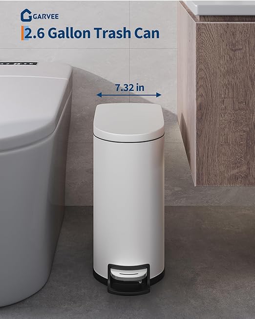 Garvee 13 gal (50 L) and 2.6 gal (10 L) Metal Trash Can Combo Set, Rustproof Garbage Can with Lid, Step-on Trash Bin with Inner Bucket, Rear Handle, White - Image 3
