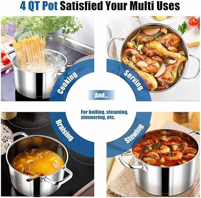 P&P CHEF 4 Quarts Cooking Stock Pot with Lid, Stainless Steel Stockpot Induction Pot for Soup, Tri-Ply Bottom & Clear Glass Lid & Double Handle, Dishwasher Safe - Image 6