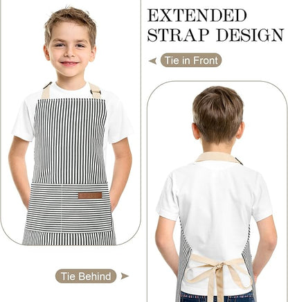 2 Pack Stripes Kids Apron, Kids Cooking Aprons with 2 Pockets, Cute Aprons for Cooking for Boys and Girls