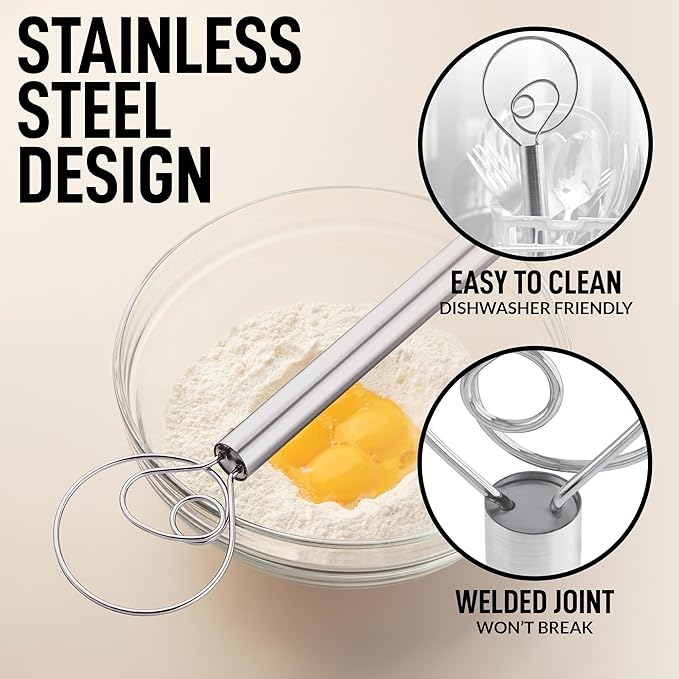 Zulay Kitchen 13-Inch Danish Dough Whisk - Stainless Steel Danish Whisk for Cooking with Single Eye Dough Hook - Traditional Dutch Whisk - Bread Whisk for Sourdough, Pizza, Pastry, Batter - 2 Pack - Image 7