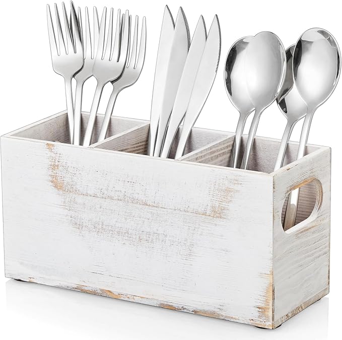 DRASTAR Wooden Silverware Caddy, Flatware Cutlery Holder, Silverware Organizer for Party, Kitchen Utensil Holder for Countertop, Retro White by EnhanceYourDailyLife