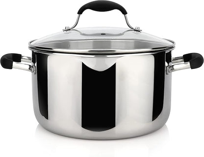 AVACRAFT Tri-Ply Stainless Steel Stockpot with Glass Strainer Lid, Side Spouts, 6 Quart Pot, Multipurpose Stock Pot, Sauce Pot (Tri-Ply Full Body, 6QT)