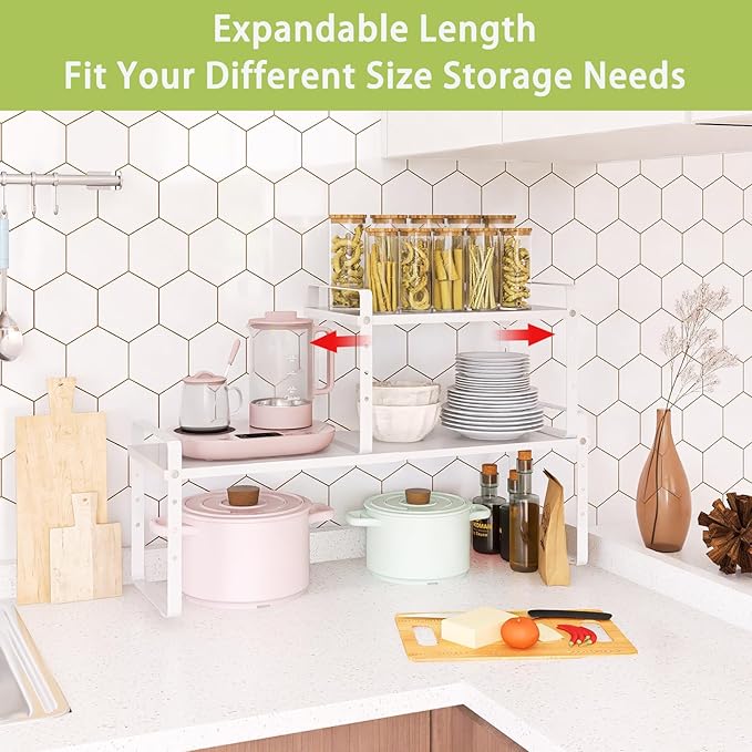 Across-Star Expandable Cabinet Shelf Organizer Rack, Stackable Kitchen Counter Storage Shelves Stand, Adjustable Height Pantry Shelf Spice Rack (White, 2 Pack) - Image 3