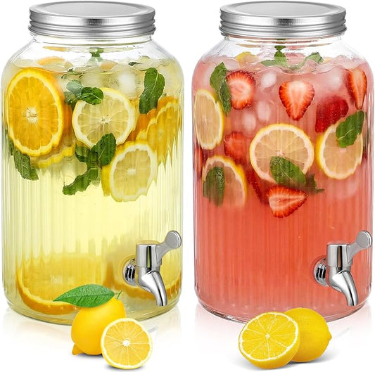 SiliFine 2 Pieces 1 Gallon Plastic Beverage Dispenser with Spigot Striped Clear Large Drink Beverage Dispenser Summer Fridge Water Container with Tap for Party Iced Tea, Sangria, Lemonade (Silver)