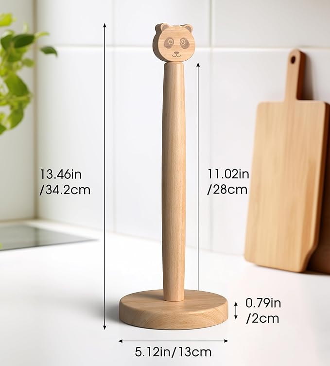 KitchLife Cute Wooden Paper Towel Holder Countertop - Solid Freestanding Paper Towel Dispenser Stand Organizer with Anti-Skid Base (Panda) - Image 2