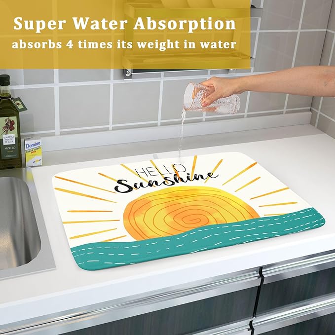 Summer Seaside Sunset over Sea Dish Drying Mat for Kitchen Counter,Hello Sunshine Drying Mat 18 x 24 Inch with Absorbent Reversible Microfiber Drying Pad for Coffee Bar - Image 7