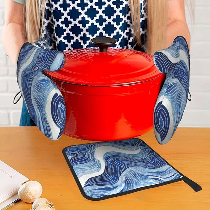 Blue and White Ocean Wave Oven Mitts and Pot Holders Sets of 3, Heat Resistant Non-Slip Washable Coastal Blue White Kitchen Gloves Hot Pads Gift for Baking Cooking Grilling Enthusiasts, Kitchen Decor - Image 3
