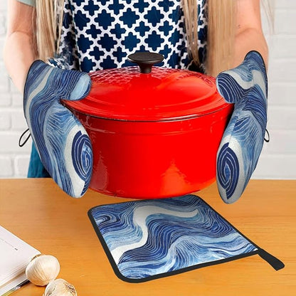 Blue and White Ocean Wave Oven Mitts and Pot Holders Sets of 3, Heat Resistant Non-Slip Washable Coastal Blue White Kitchen Gloves Hot Pads Gift for Baking Cooking Grilling Enthusiasts, Kitchen Decor - Image 3