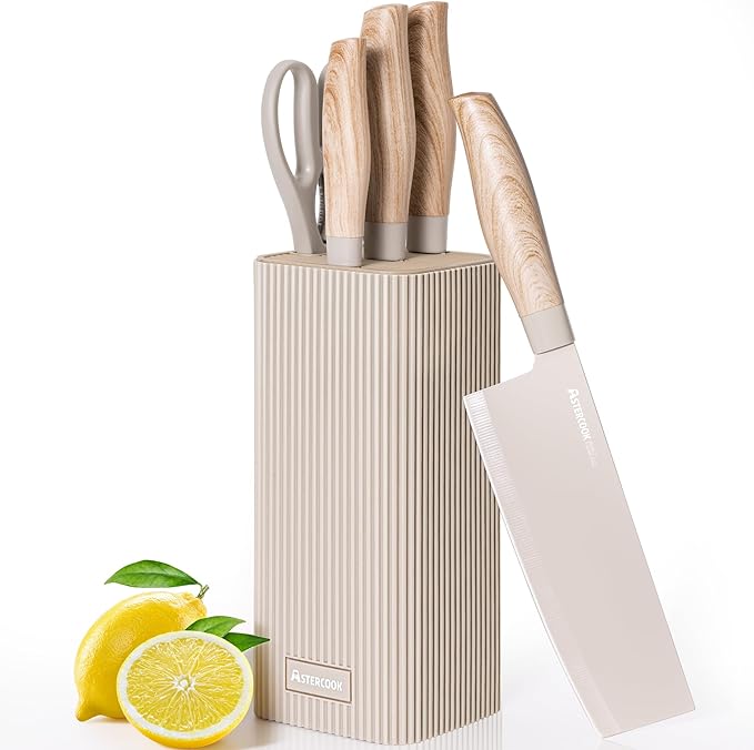 Astercook Knife Set, 6-Piece Kitchen Knife Set with Block, High Carbon Stainless Steel Ultra Sharp Kitchen Knives, Wood Grain Handle, Dishwasher Safe Knife Block Set, Khaki, Mothers Day Gifts by Astercook