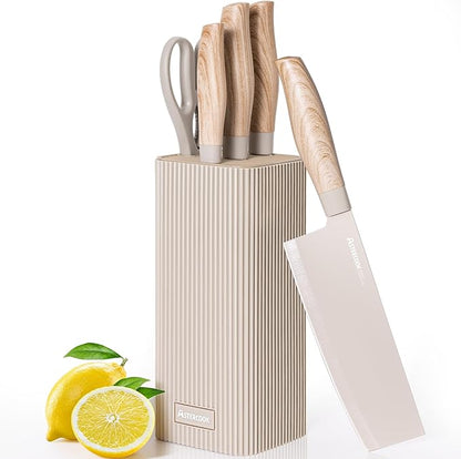Astercook Knife Set, 6-Piece Kitchen Knife Set with Block, High Carbon Stainless Steel Ultra Sharp Kitchen Knives, Wood Grain Handle, Dishwasher Safe Knife Block Set, Khaki, Mothers Day Gifts by Astercook