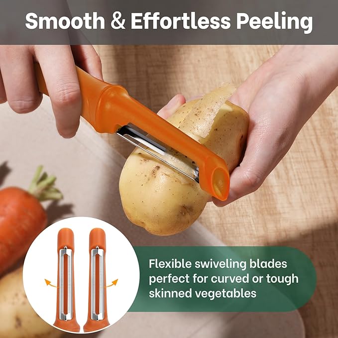 Beneno Swivel Vegetable Peeler, Razor-Sharp Smooth Peeling Potato Peelers with Stainless Steel Blades, Ergonomic Comfort Non-Slip Rubber Handle, Durable Kitchen Peelers with Potato Eye Remover, Orange - Image 8