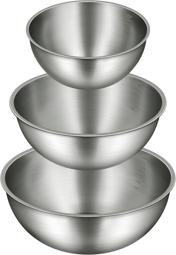 Gronivex Stainless Steel Mixing Bowls Set of 3 (1.5, 2.2, 3.4 Qt) - Food Grade 304, Nesting Design, Dishwasher Safe for Baking, Salad Prep & Cooking by GRONIVEXHOMEGOODS