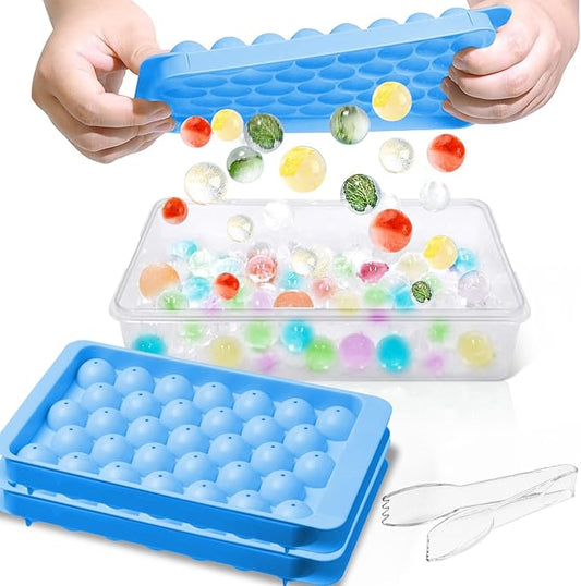2 Pack Ice Cube Tray with Lid and Bin,Round Ice Cube Trays for Freezer, BPA-Free Circle Mini Ice Maker for Whiskey Cocktail Soda,Home & Bar Use