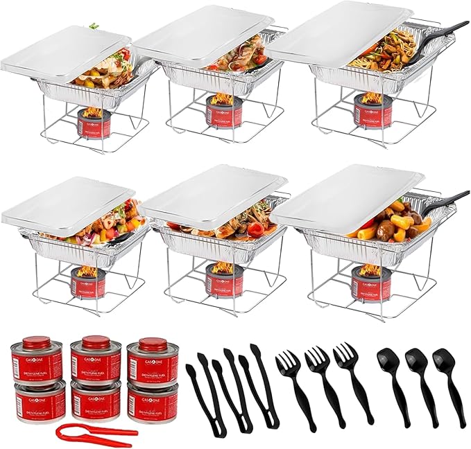 Alpha Living 6 Pack - Disposable Chafing Dish Buffet Set, Half Size Pans, Welded Body Food Warmers for Parties, Fuel Cans Complete Set, Warming Trays by AlphaLiving