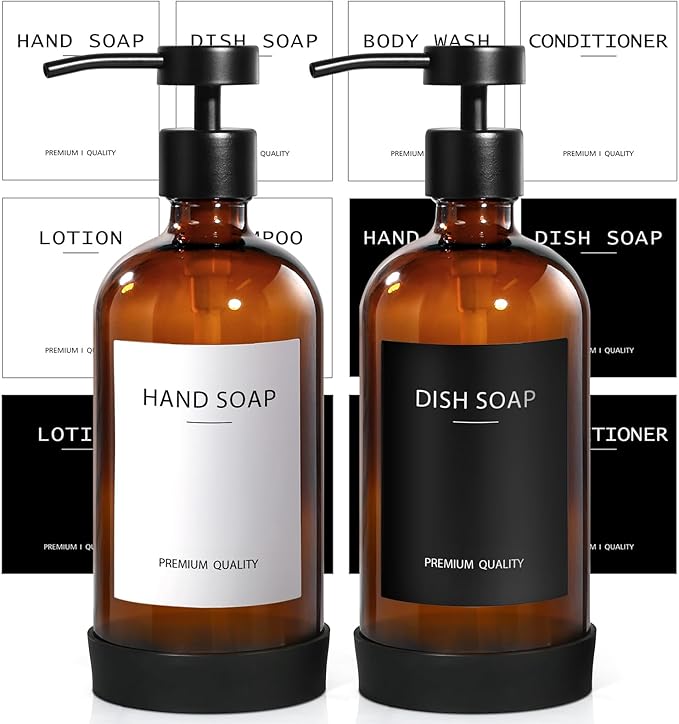 RYTOXILO Hand Soap Dispenser for Bathroom 2 Pack, Amber Glass Soap Dispenser with Stainless Steel Pump, 16.9 Fl oz Hand and Dish Soap Dispensers Set Kitchen, Modern Brown Soap Lotion Dispensers Bottle by RYTOXILOBrightenUpYourHome