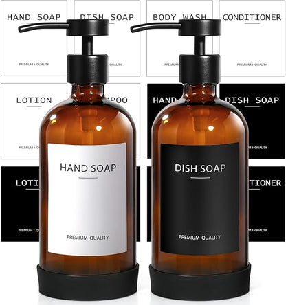 RYTOXILO Hand Soap Dispenser for Bathroom 2 Pack, Amber Glass Soap Dispenser with Stainless Steel Pump, 16.9 Fl oz Hand and Dish Soap Dispensers Set Kitchen, Modern Brown Soap Lotion Dispensers Bottle by RYTOXILOBrightenUpYourHome