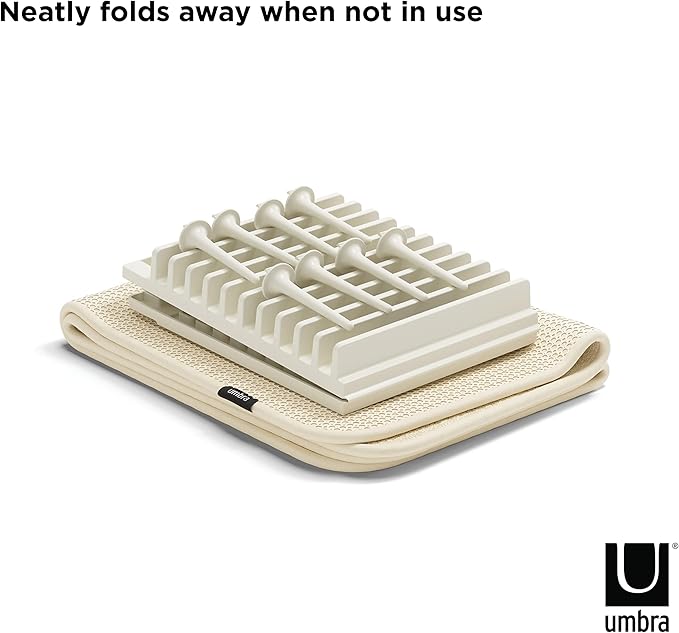 Umbra Udry Dish Rack with Movable Pegs and Microfiber Drying Mat – Space-Saving Design Folds Up for Easy Storage, Basic Rack, Linen - Image 7