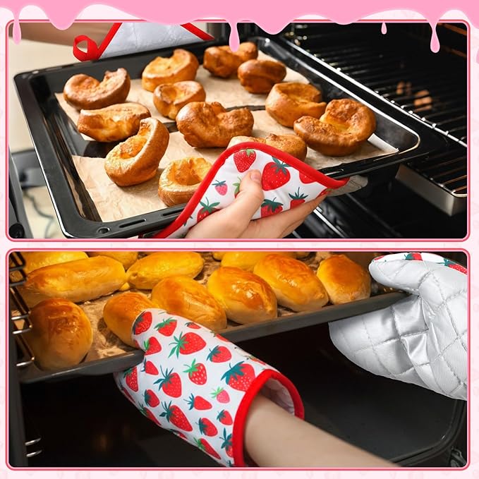4 Pcs Oven Mitts and Pot Holders Cute Strawberry Oven Gloves and Pot Holders Non Slip Heat Resistant Ovens Mitts for Cooking Baking Accessories Fruit Themed Kitchen Linens, 6"x12" - Image 6