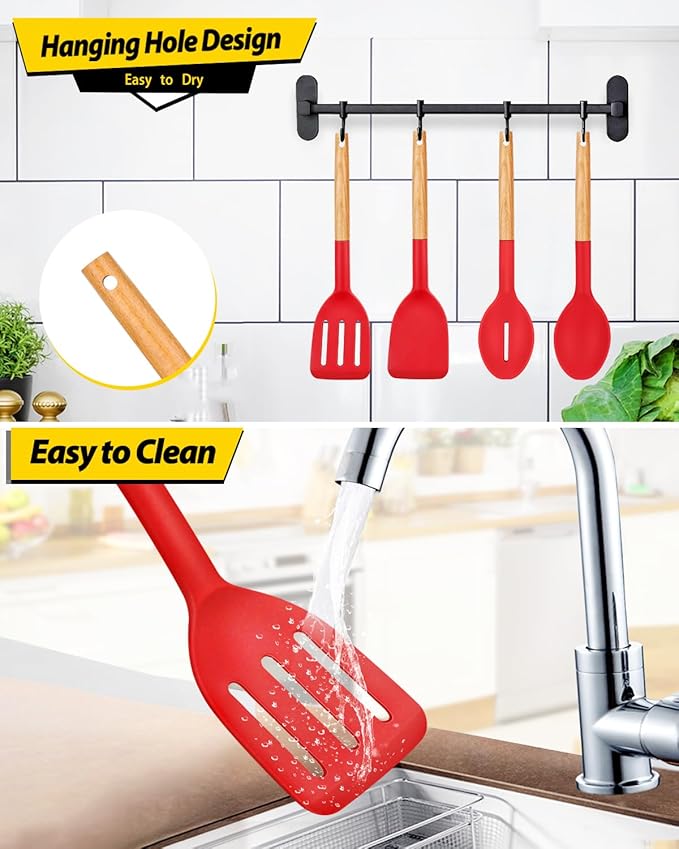 Pack of 4 Silicone Cooking Utensils Set, Non Stick Solid Spatulas and Heat Resistant Slotted Spoons with Wooden Handle, Ideal Wood Kitchen Utensils Set for Frying,Serving,Turning,Stirring (RED) - Image 6