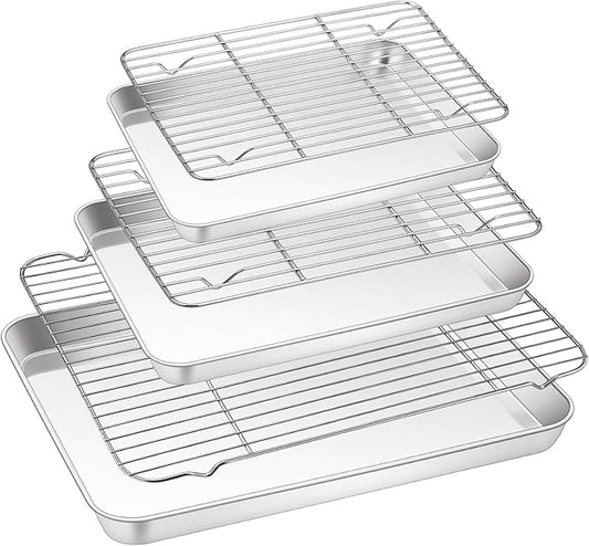 TeamFar Baking Sheet with Rack Set (3 Pans + 3 Racks), 17.6/12.5/10.5 Inch Stainless Steel Cookie Sheet Baking Pans Tray and Cooling Racks for Cooking Roasting, Non-Toxic & Heavy Duty, Dishwasher Safe