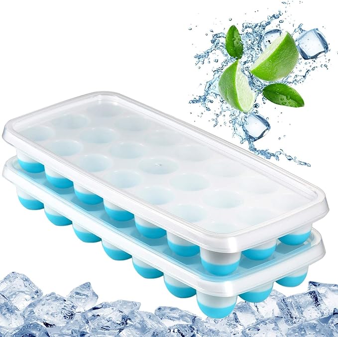 Ice Cube Trays Easy Release-Odor free,Spill Resistant Lid Included,2 Pack, Small Size, Stackable 42 Cubes,Silicone(Blue)