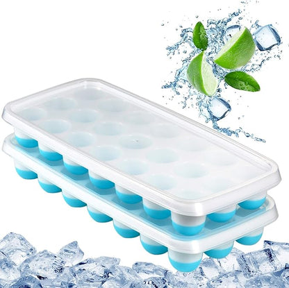 Ice Cube Trays Easy Release-Odor free,Spill Resistant Lid Included,2 Pack, Small Size, Stackable 42 Cubes,Silicone(Blue)