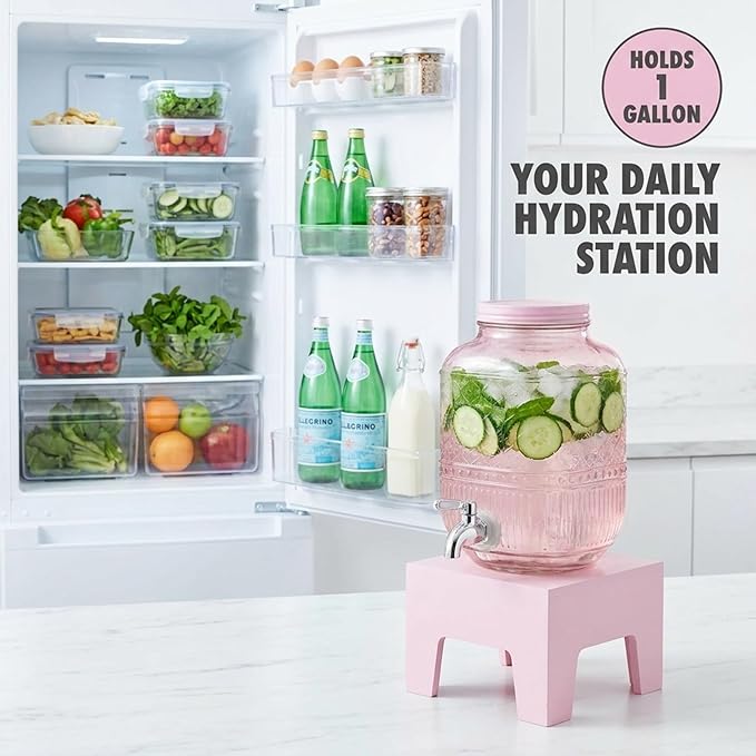 Beverage Dispenser 1 Gallon, Glass Drink Dispenser with Wooden Base Stand, Wide Mouth Jar for Lemonade, Iced Tea, Infused Water, Vintage Kitchen Decor - Pink
