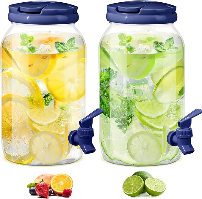 Havawish 2 Pcs 1 Gallon Plastic Beverage Dispenser with Spigot Clear Summer Kitchen Fridge Drink Dispenser for Parties Lemonade Juice Tea Beer Cold Water(Blue,Cylinder)