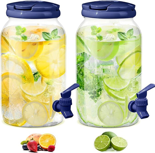 Havawish 2 Pcs 1 Gallon Plastic Beverage Dispenser with Spigot Clear Summer Kitchen Fridge Drink Dispenser for Parties Lemonade Juice Tea Beer Cold Water(Blue,Cylinder)