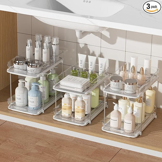 Delamu 3 Pack 2-Tier Bathroom Under Sink Organizers and Storage, Multi-Purpose Stackable Pantry Organization and Storage, Pull Out Clear Kitchen Bathroom Cabinet Organizer with Movable Dividers, White by DELAMU