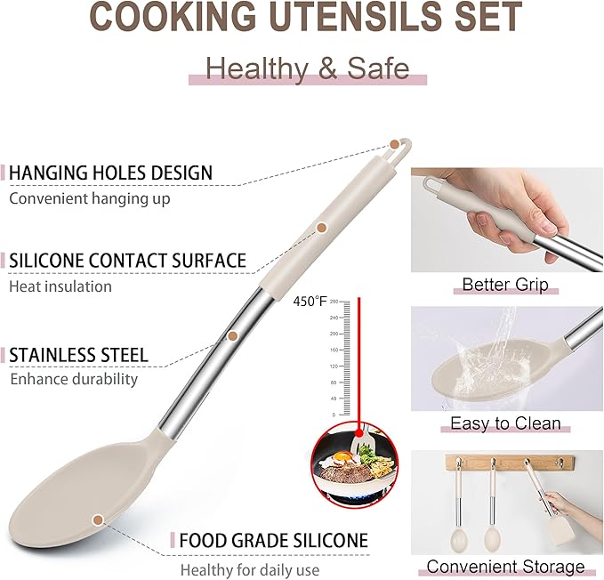 E-far Silicone Cooking Utensils Set, 14-Piece Khaki Kitchen Utensils Set with Holder, Kitchen Tools Spatulas with Stainless Steel Handle for Non-stick Cookware, Heat Resistant & Dishwasher safe - Image 5