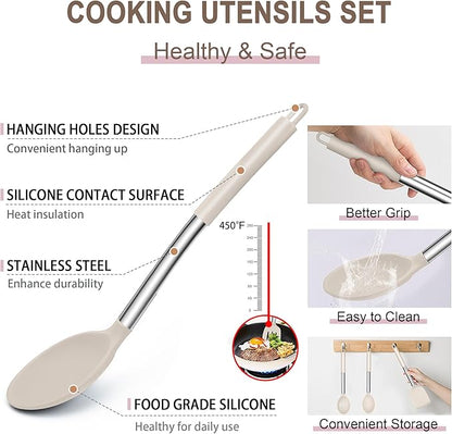 E-far Silicone Cooking Utensils Set, 14-Piece Khaki Kitchen Utensils Set with Holder, Kitchen Tools Spatulas with Stainless Steel Handle for Non-stick Cookware, Heat Resistant & Dishwasher safe - Image 5