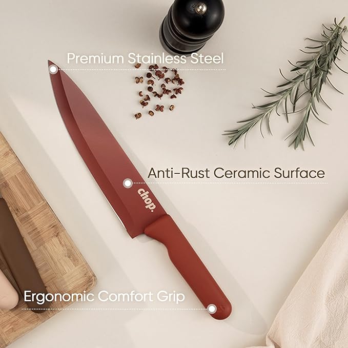 CAROTE Knife Set, 13 Pcs Kitchen Knife Set with Letter, 6 Stainless Steel Knives with Nonstick Ceramic Surface & Blade Guards, Kitchen Shears, Dishwasher Safe, Ergonomic Handles - Image 4