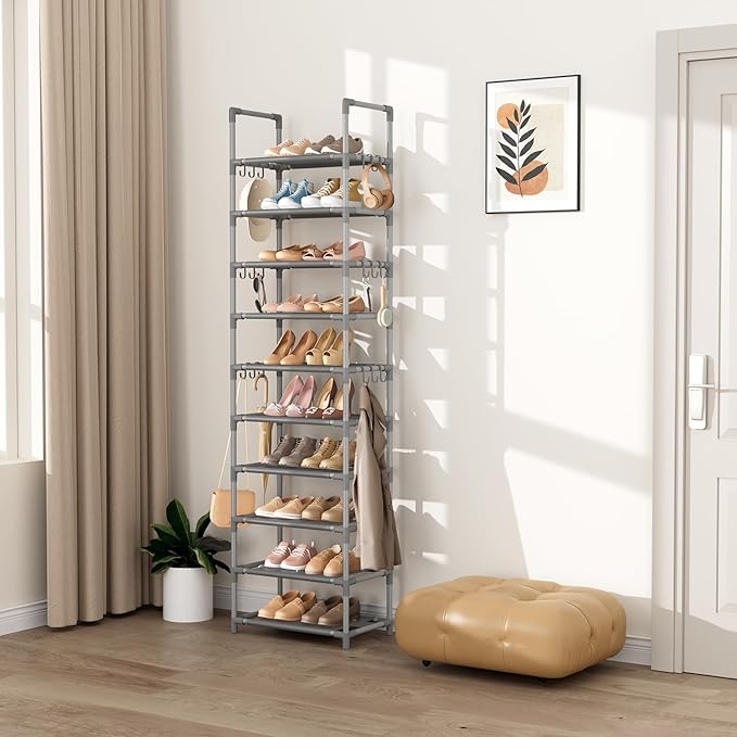 VTRIN 10 Tiers Tall Shoe Rack Holds 20-25 Pairs of Shoes Sturdy Vertical Shoe Organizer with 18pcs Hooks Stackable Narrow Shoe Rack for Closet, Entryway Grey - Image 7