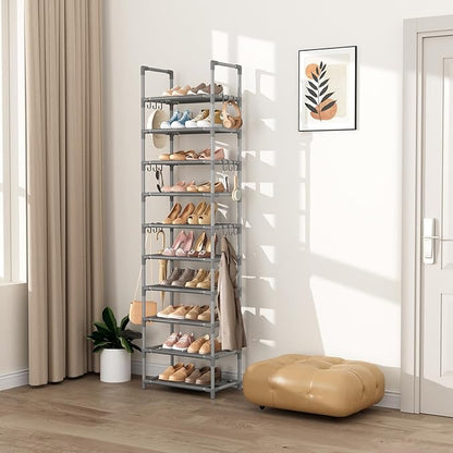 VTRIN 10 Tiers Tall Shoe Rack Holds 20-25 Pairs of Shoes Sturdy Vertical Shoe Organizer with 18pcs Hooks Stackable Narrow Shoe Rack for Closet, Entryway Grey - Image 7