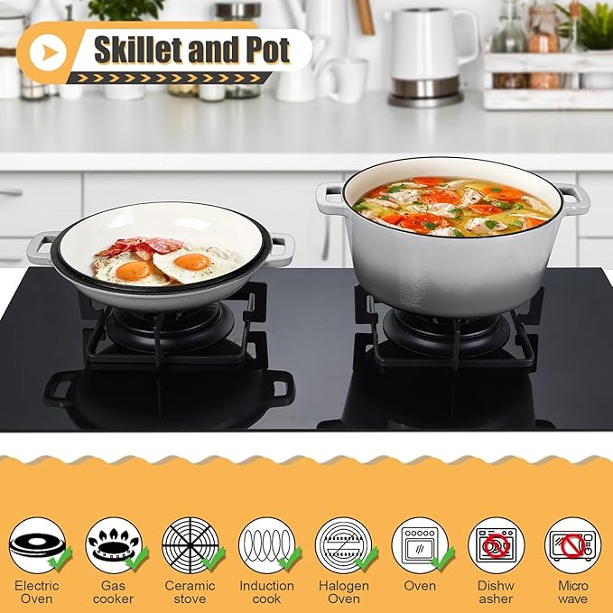 P&P CHEF 5Qt Dutch Oven Pot for Bread Baking (Gray), 2 In 1 Round Cast Iron Dutch Oven with Lid Set, Skillet & Pot for Roasting Braising Stewing Frying Simmering, Multi Stoves & Oven Safe - Image 5