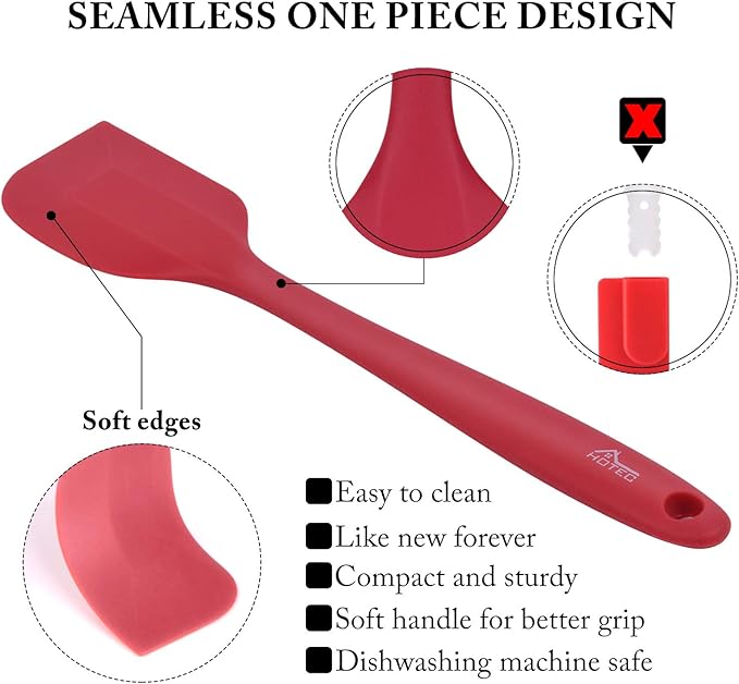 HOTEC Heat Resistant 600℉ BPA-Free Silicone Rubber Spatula Set, Kithchen Cooking Spatulas, Baking, Mixing, for Non Stick Cookware, Dishwasher Safe, Red Set of 5 - Image 6