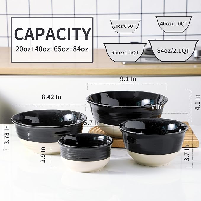 HASENSE Nesting Ceramic Mixing Bowls Set of 4, 2.5/1.5/1.0/0.5 Qt Black & Beige Stoneware Bowls, Farmhouse Bowls for Cooking, Baking, Fruit & Holiday Serving, Dishwasher & Microwave Safe - Image 2