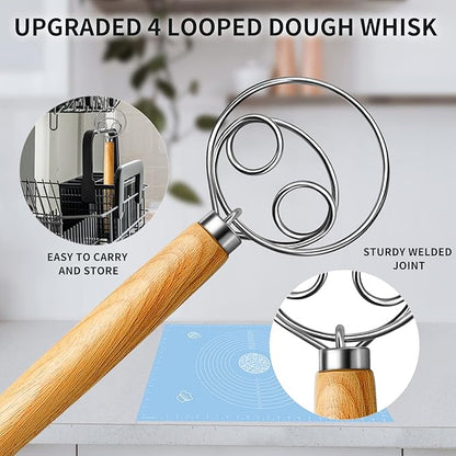 TEEVEA Danish Dough Whisk Stainless Steel Wooden Handle for Sourdough Pizza Bread Baking - Image 2