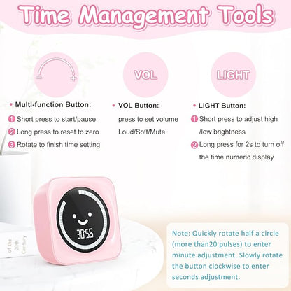Visual Timer for Kids, 99 Minute Digital Cute Kids Visual Timer Classroom Timer for Homeschool Supplies Study Teaching Time Management Tool Countdown Count Up Timer, Pink