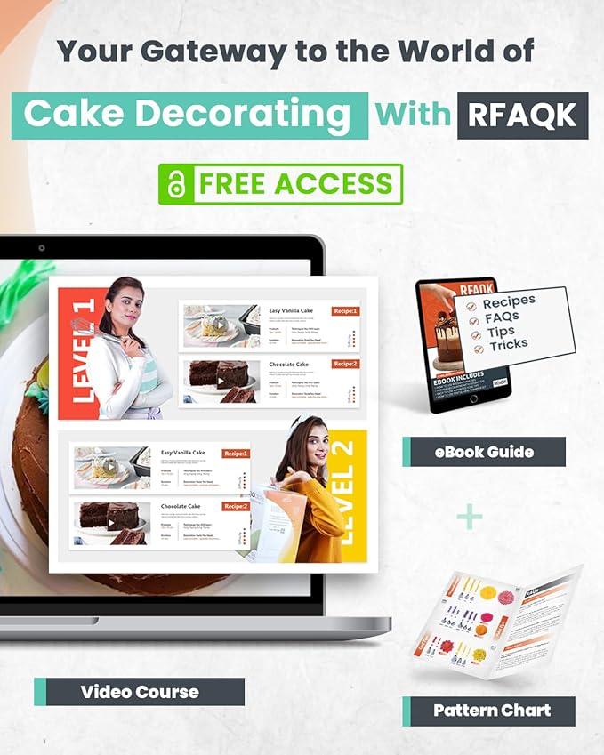 RFAQK 90PCs Cake Decorating Kit with Leveler, Baking Supplies Gift Includes Cake Stand Turntable, 24 Numbered Icing Tips, 55+1 Piping Bags, 2 Frosting Spatulas, 3 Scrappers, Video Course & Booklet - Image 6