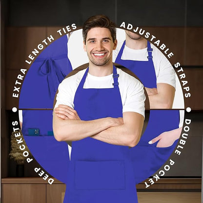 Adjustable Bib Apron 100% Polyester Kitchen Aprons Waterdrop Resistant Aprons with Adjustable Strap, Pockets & Long Ties