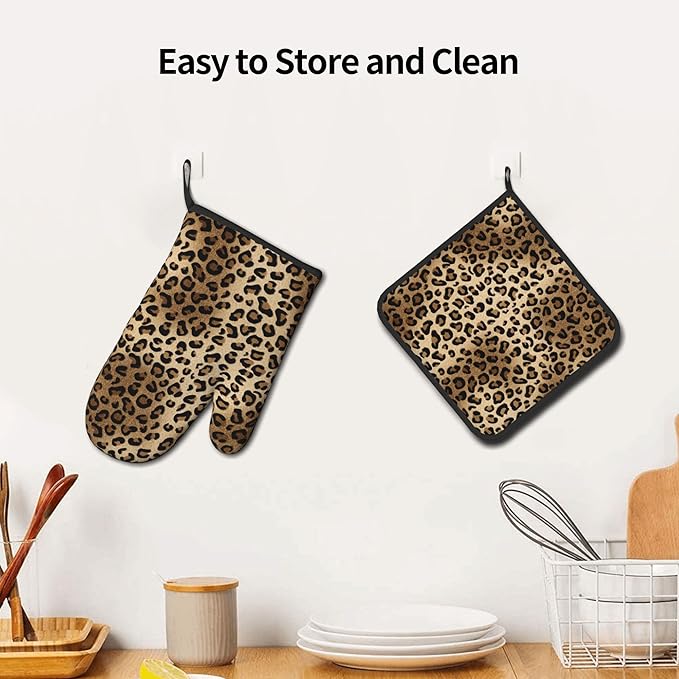 Leopard Print Oven Mitts - Brown Oven Mitts and Pot Holders Sets of 2 Animal Print Kitchen Mitts Hot Pads for Baking Grilling - Image 6