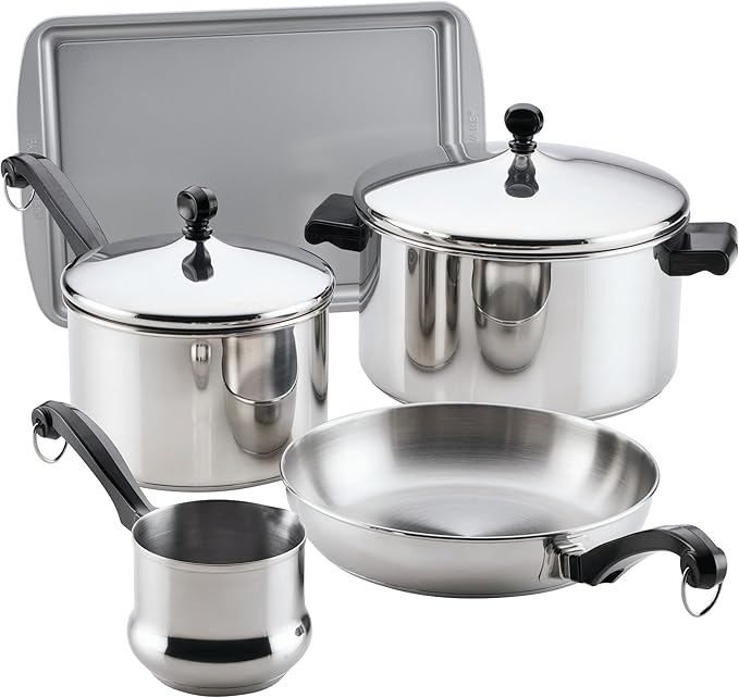 Farberware Classic Series Stainless Steel Pots and Pans with Baking Sheet Pan, Cooking Tools, and Lids, Induction Ready, Dishwasher Safe, 10 Piece Cookware Set, Metal Utensil Safe - Stainless Steel by Farberware