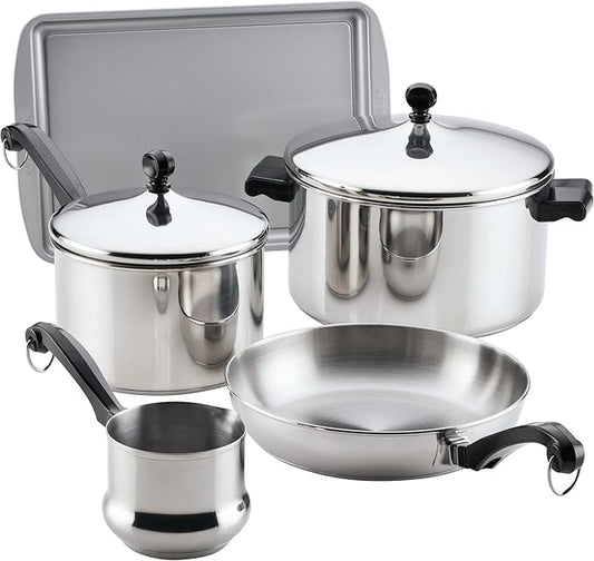 Farberware Classic Series Stainless Steel Pots and Pans with Baking Sheet Pan, Cooking Tools, and Lids, Induction Ready, Dishwasher Safe, 10 Piece Cookware Set, Metal Utensil Safe - Stainless Steel by Farberware
