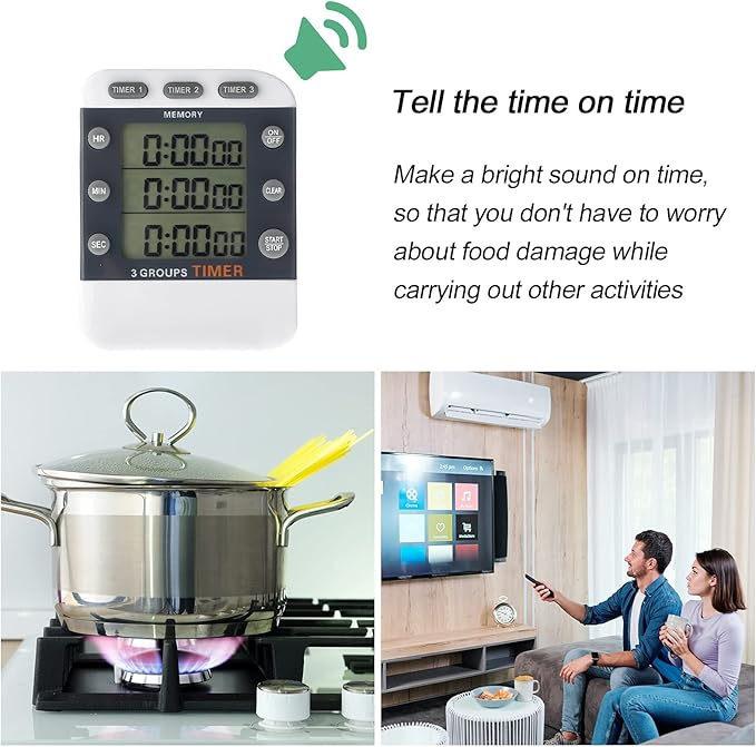 Photect 2 Pcs Digital Kitchen Timer 3 Channels Multi Timer Loud Adjustable Alarm Magnetic Count up Down Memory Preset Battery Included for Cooking Baking BBQ Study Classroom - Image 4