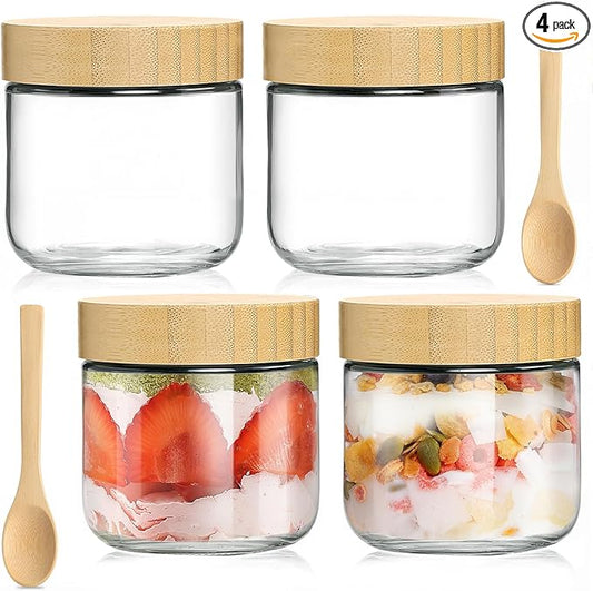 TBWIND 4 Pack 10oz Glass Jars with Bamboo Lids, Spoons, Airtight Overnight Oats Containers, Wide Mouth Mason Jars, Food Storage Container for Yogurt Salad Snacks Spice Sugar Meal Prep – Reusable