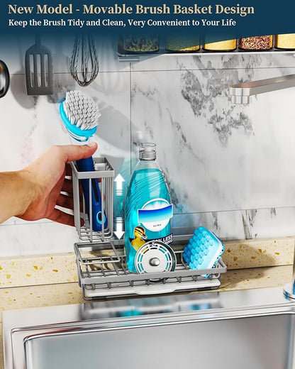 Consumest Sponge Holder for Kitchen Sink - Kitchen Sink Caddy Organizer with Removable Drip Tray for Countertop Dish Soap Dispenser Brush Storage Accessories 304 Stainless Steel, Grey - Image 2